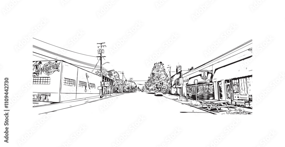 Print Building view with landmark of Vancouver is the city in USA. Hand drawn sketch illustration in vector.