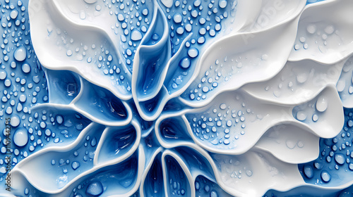 A tight shot of a blue-and-white backdrop adorned with water droplets at its zenith and nadir. Zenith. Illustration