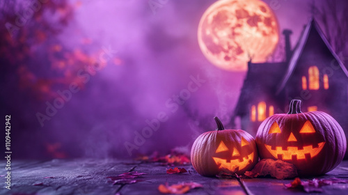 Halloween celebration at a haunted house spooky pumpkin decor nighttime mysterious atmosphere for seasonal festivities photo