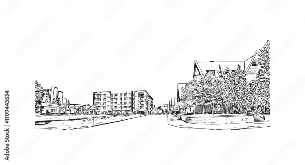 Print Building view with landmark of Vancouver is the city in USA. Hand drawn sketch illustration in vector.