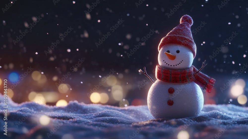 Fototapeta premium Charming Snowman in a Winter Wonderland with Twinkling Lights