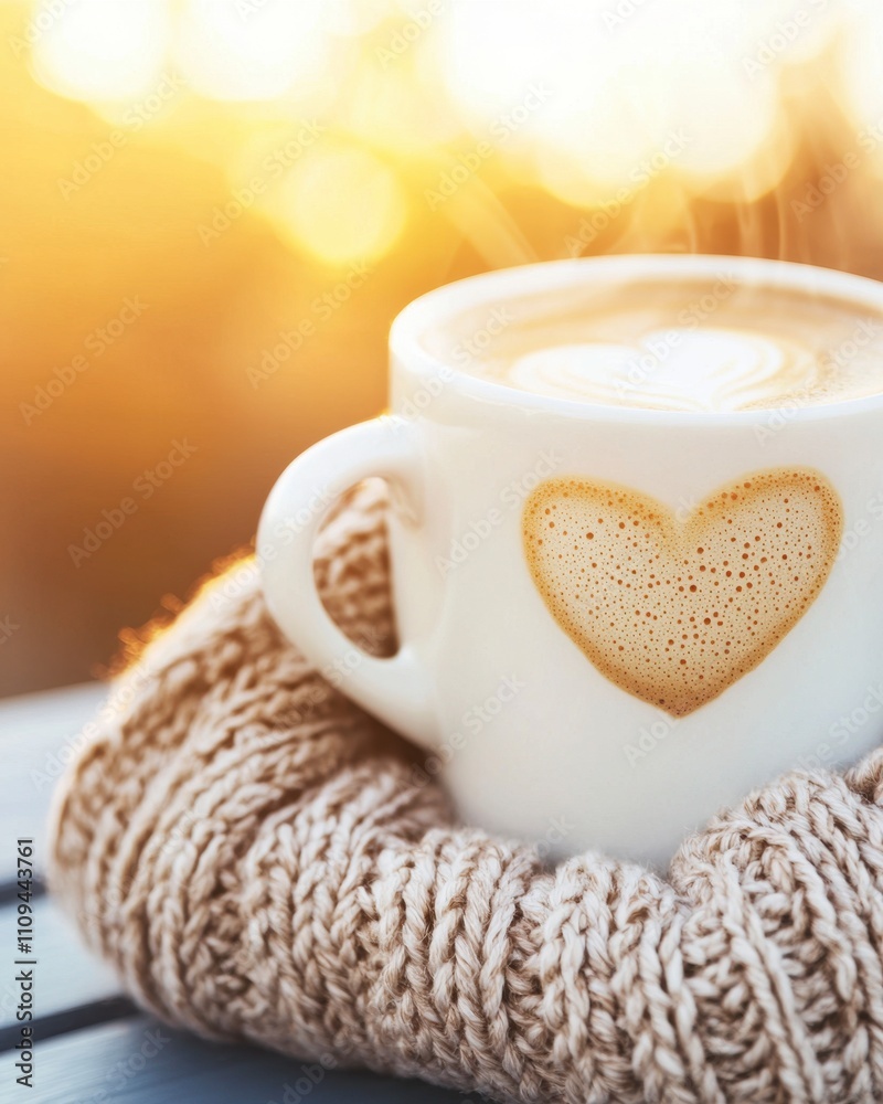 A cozy cup of coffee with heart art, wrapped in a knitted sleeve. A cozy cup of coffee with heart art, wrapped in a knitted sleeve.