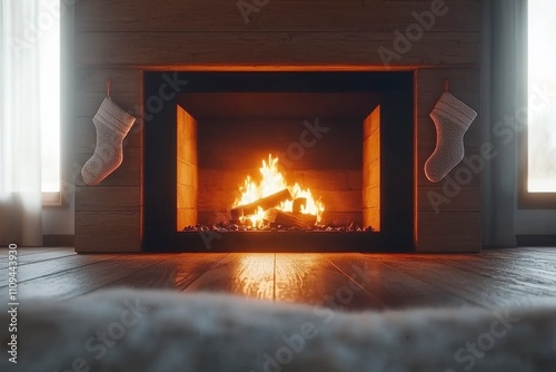 A cozy fireplace with stockings, creating a warm and inviting atmosphere. photo