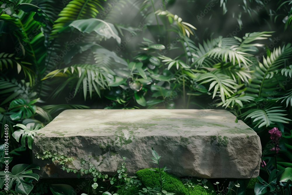 Rock Podium with Jungle Green Background – Nature and Adventure Concept Rock Podium with Jungle Green Background – Nature and Adventure Concept