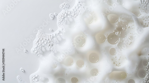 luxurious foam photography, a high-quality studio photo showcases delicate white foam arranged in a zigzag pattern, resembling acrylic paint strokes, radiating luxury and cleanliness bright lighting