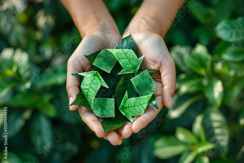 Hands Holding Green Leaves in the Shape of an Eco-Friendly Recycling Symbol – Environmental Protection and Earth Day Concept photo