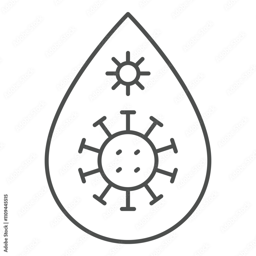Blood drop with virus thin line icon,coronavirus concept. Vector graphics. Water drop virus sign on white background, outline style icon for mobile or web design. Blood drop with virus thin line icon,coronavirus concept. Vector graphics. Water drop virus sign on white background, outline style icon for mobile or web design.