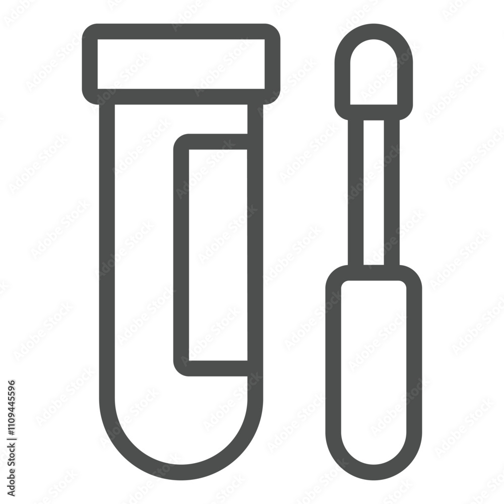 Flask with swab stick line icon, medical analysis concept. Vector graphics. Flu virus test sign on white background, outline style icon for mobile or web design. Flask with swab stick line icon, medical analysis concept. Vector graphics. Flu virus test sign on white background, outline style icon for mobile or web design.