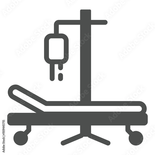 Hospital bed with dropper solid icon, blood transfusion concept. Vector graphics. Blood dropper and bed sign on white background, glyph style icon for mobile or web design.