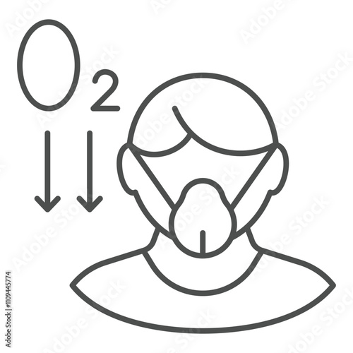 Oxygen breathing man thin line icon, oxygen therapy concept. Vector graphics. Human mask breathe fresh air sign on white background, outline style icon for mobile or web design.