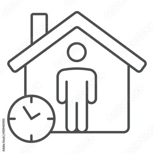 House with remote man thin line icon, stay at home concept. Vector graphics. Man in house with clock sign on white background, outline style icon for mobile or web design.