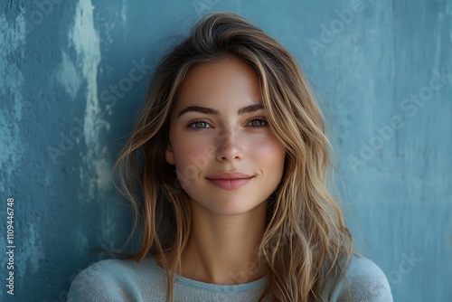 Young Woman Calm Glow Teal Wall, Soft Lighting, Blush