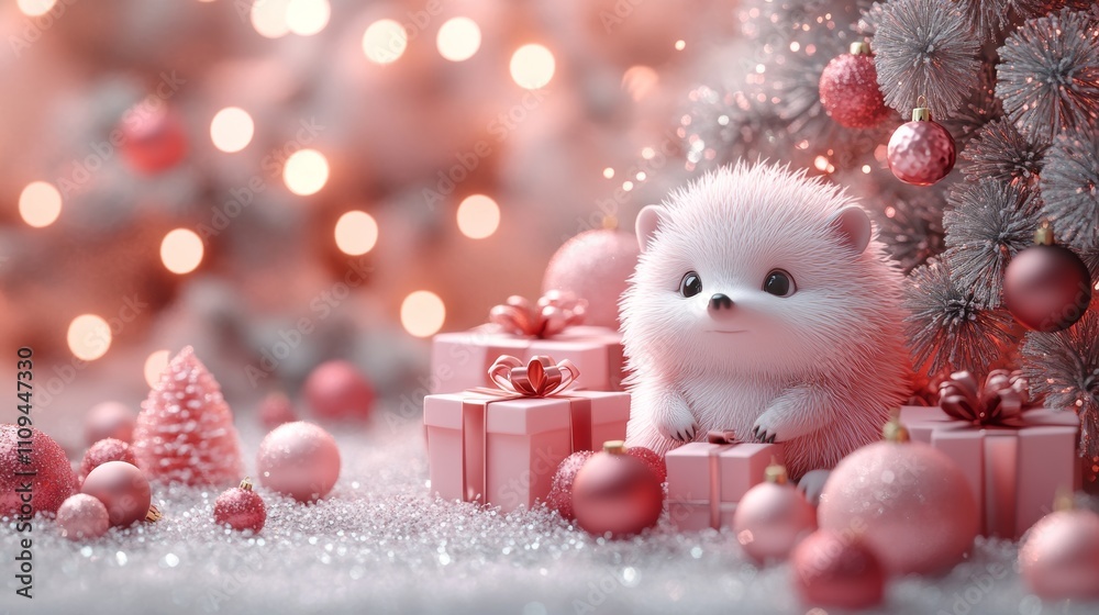 Obraz premium Exotic hedgehog pet surrounded by holiday decorations indoor setting festive atmosphere playful perspective