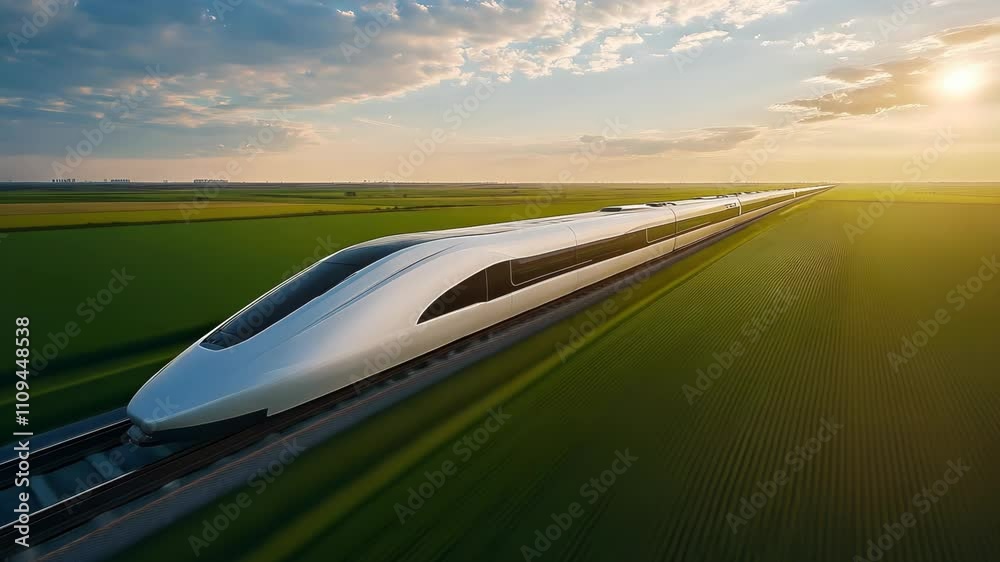 High-Speed Train Across the Fields at Sunset