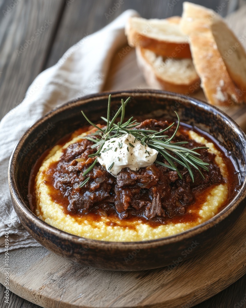 Delicious slow-cooked beef on polenta rustic kitchen food cozy atmosphere close-up culinary delight