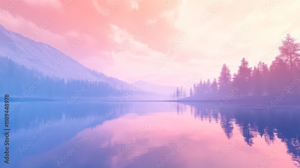 Fototapeta premium Serene pastel sunset over calm lake reflecting mountains and forest.