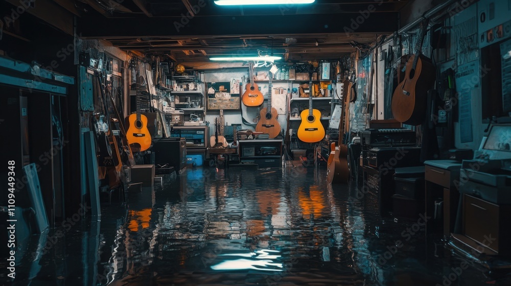 Waterlogged Music Shop with Guitars and Reflection Effect