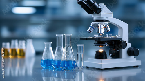 A close-up of a laboratory microscope with colorful chemical solutions in glass flasks, symbolizing scientific research and innovation. photo