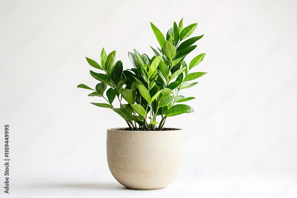 Fototapeta premium Green plant in beige pot on white background, minimalist concept.