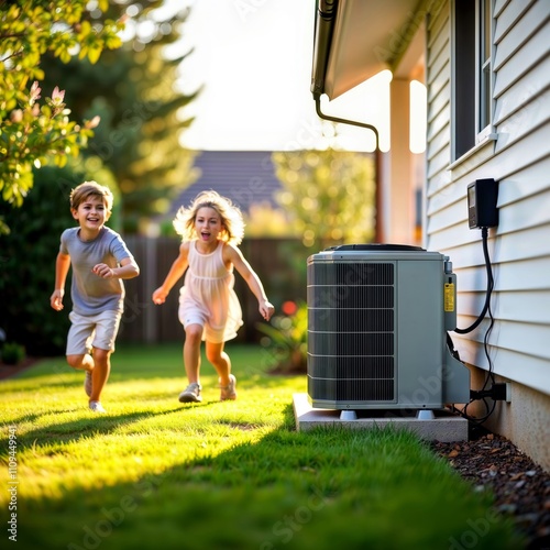 Kids playing near heat pump. Two children running in a backyard with a heat pump unit visible, suggesting a comfortable home environment.