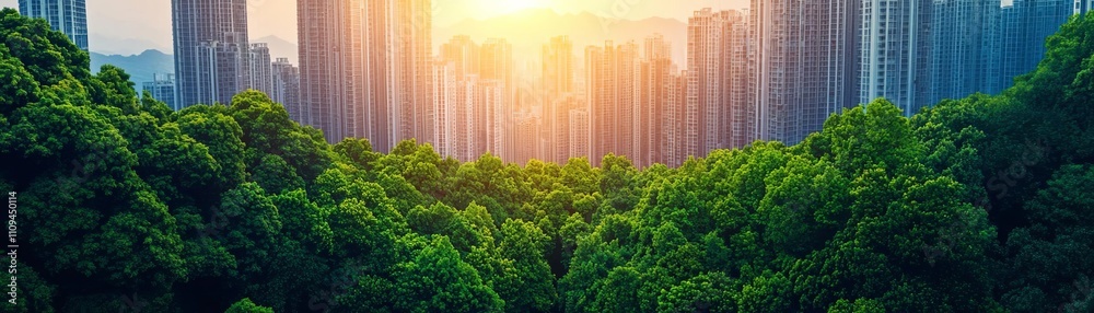 Fototapeta premium Serene view of nature meeting urban architecture during a golden sunrise.