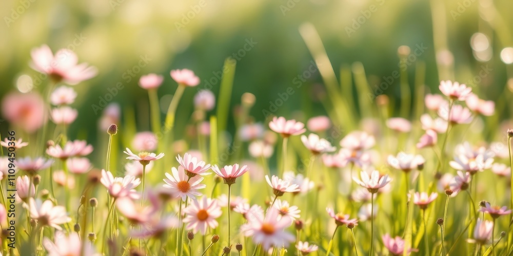Delicate pink wildflowers bathed in warm sunlight, swaying gently in a meadow of green grass. Delicate pink wildflowers bathed in warm sunlight, swaying gently in a meadow of green grass.