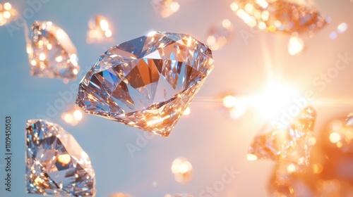 Floating Diamonds Sparkling in Bright Light Against Blue Background photo