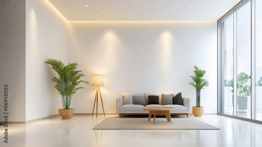 Fototapeta premium A large living room with a white wall and a white couch