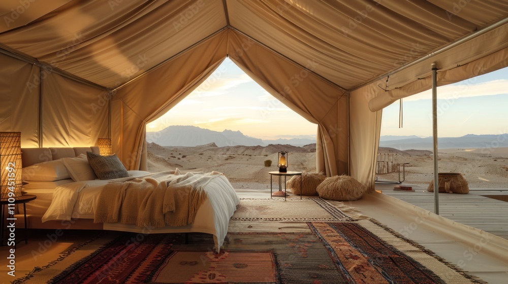 Luxurious desert glamping tent with king bed, sunrise view. Luxurious desert glamping tent with king bed, sunrise view.