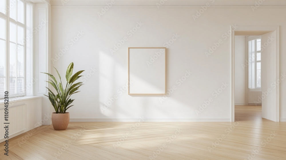 Fototapeta premium Empty modern room with frame, plant and sunlight illuminating through window