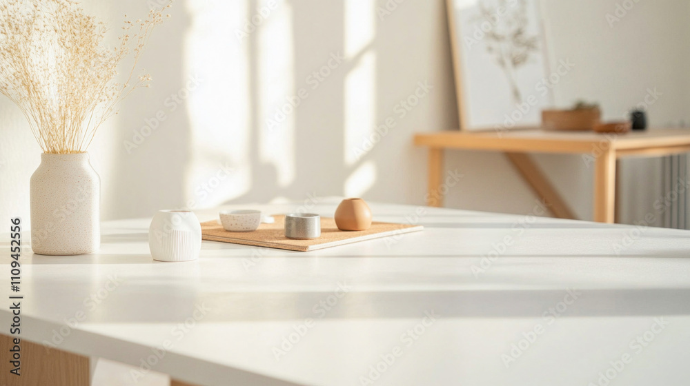 Obraz premium Sunlight illuminating white table with decorative objects and dried flowers in modern minimalist apartment