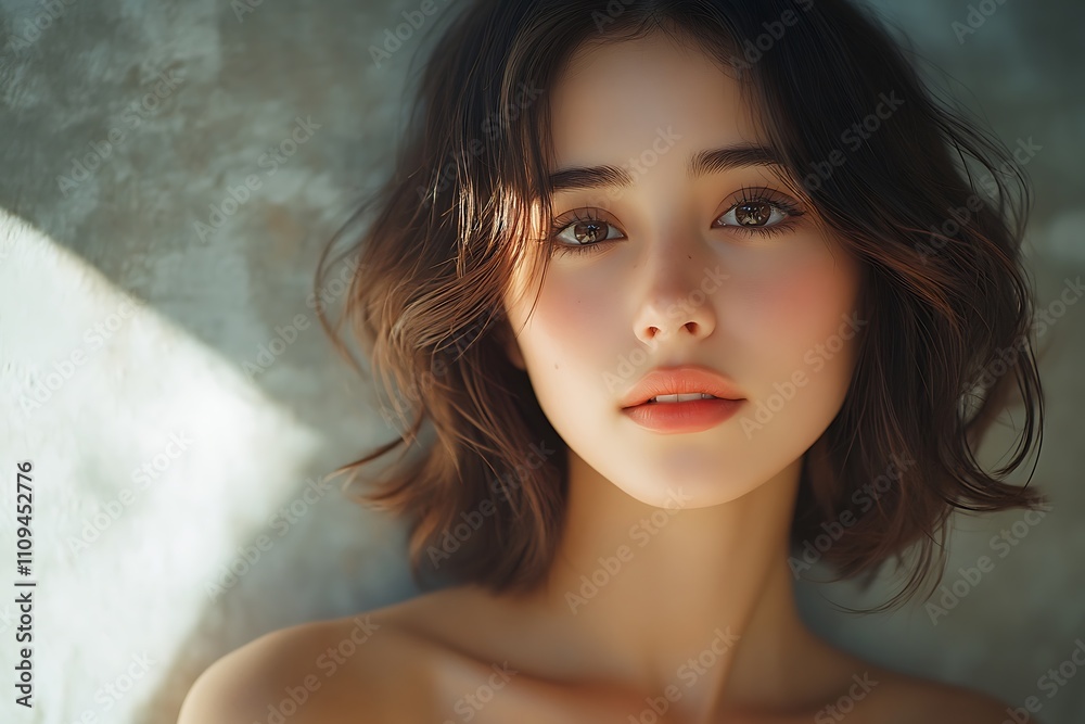 Young Woman, Peaceful Gaze, Golden Hour Glow, Shoulder-Length Wavy Hair Young Woman, Peaceful Gaze, Golden Hour Glow, Shoulder-Length Wavy Hair
