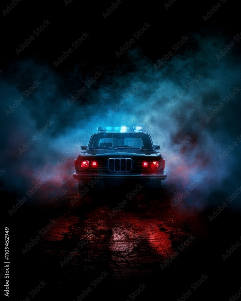Emergency vehicle lights with overlay effect red and blue police car flare in foggy night scene Emergency vehicle lights with overlay effect red and blue police car flare in foggy night scene