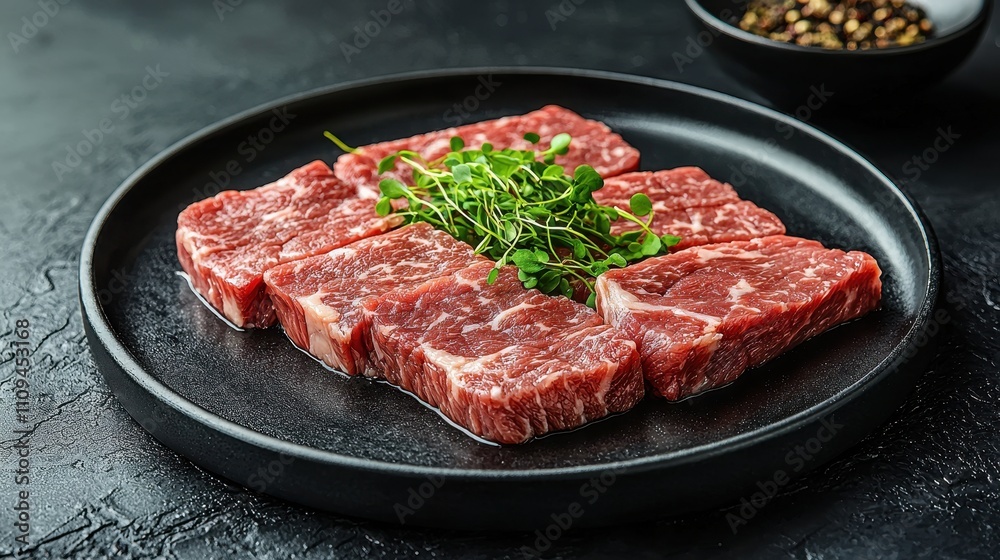 A selection of fresh raw meat cuts arranged on a black plate, garnished with herbs, showcasing vibrant colors and textures. A selection of fresh raw meat cuts arranged on a black plate, garnished with herbs, showcasing vibrant colors and textures.