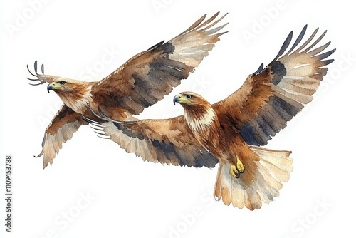 Two majestic eagles soaring gracefully in a watercolor illustration.