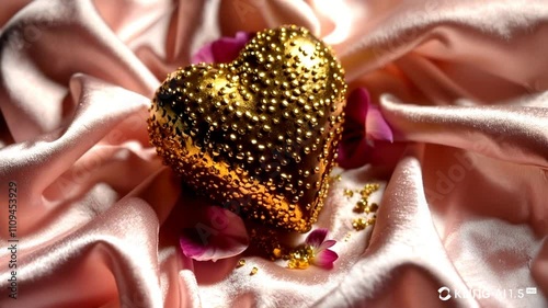 Golden Heart-Shaped Ornament with Petals on Satin photo