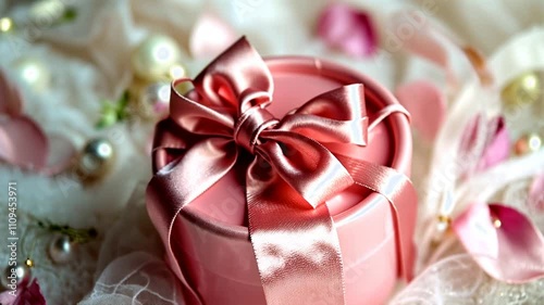 Pink Gift Box with Satin Ribbon and Romantic Decor photo