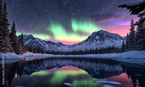 Aurora borealis illuminating a serene winter landscape with snow-covered mountains and frozen lake.