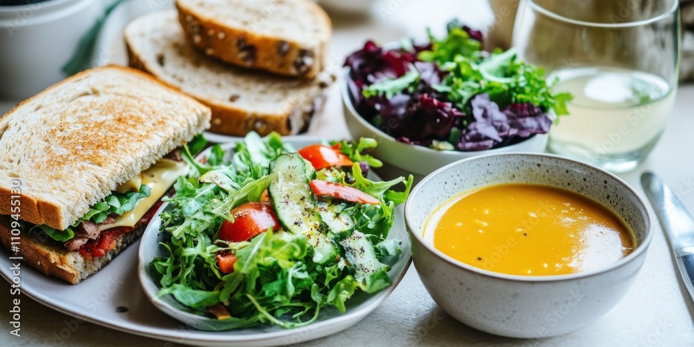 A healthy meal featuring a sandwich, salad, soup, and bread, perfect for lunch. A healthy meal featuring a sandwich, salad, soup, and bread, perfect for lunch.
