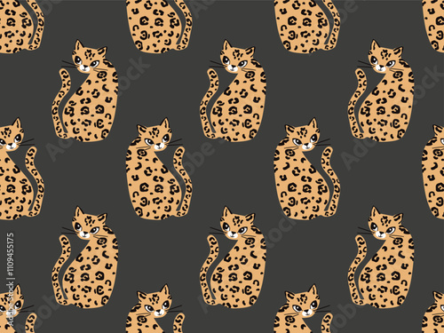 CHEETAH SEAMLESS PATTERN IN HAND DRAWN VECTOR ON BLACK BACK BACKGROUND. BIG CATS IDEAL FOR BABY TODDLER OUTFITS IN VECTOR