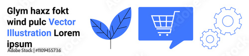 Leaf with stem, shopping cart in speech bubble, and two gears outline. Ideal for online shopping, eco-friendly business, digital communication, workflow, automation, technology, and innovation