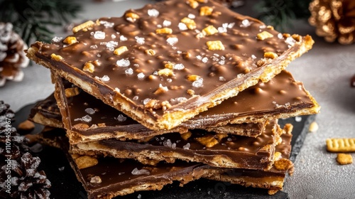 Layered chocolate bark stacked and topped with pieces of nutlike bits and sprinkled with sea salt, creating an intriguing, tempting, and delicious visual appeal. photo