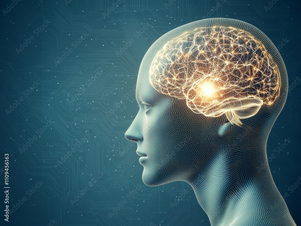 Obraz premium Futuristic Neural Connections - Glowing Brain in Wireframe Head on Circuit Board Background Technological Innovation Concept