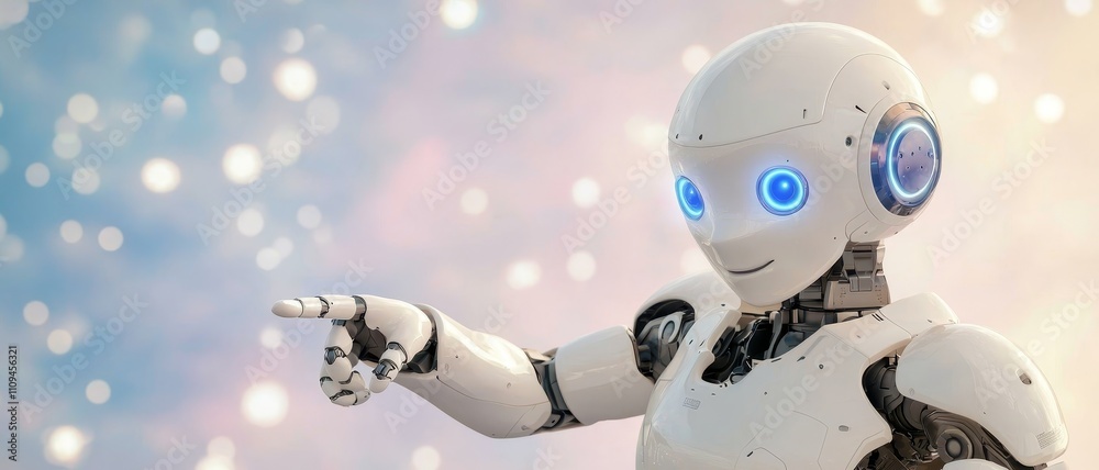 Futuristic White Robot with Blue Eyes in Dreamlike Bokeh Background, 3D Rendering for Technology and AI Concepts Futuristic White Robot with Blue Eyes in Dreamlike Bokeh Background, 3D Rendering for Technology and AI Concepts