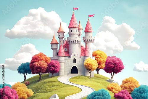 A whimsical castle on a hill with colorful trees and a bright sky. photo