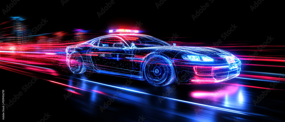 Dynamic futuristic police car in a modern city with neon effects and light trails showcasing advanced law enforcement technology Dynamic futuristic police car in a modern city with neon effects and light trails showcasing advanced law enforcement technology