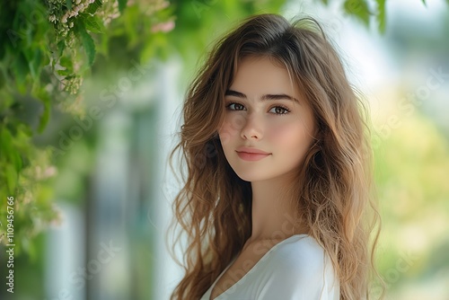 Youthful Serene Portrait Beautiful Brown Eyes, Smooth Complexion photo