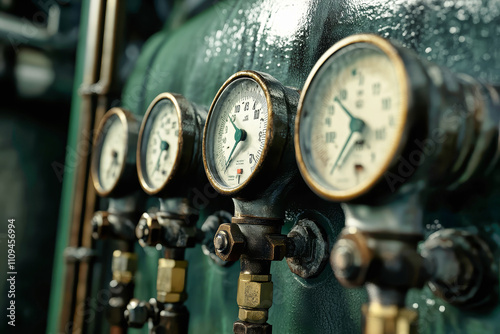 Close-up of vintage industrial water supply system showcasing pressure and temperature gauges in a power plant setting