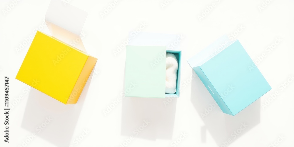 A yellow box with an open lid, a pale green box with a white item inside, and a turquoise box with a closed lid. A yellow box with an open lid, a pale green box with a white item inside, and a turquoise box with a closed lid.