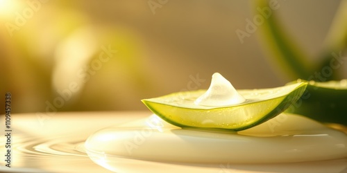 A slice of aloe vera with a drop of gel on a white surface with a blurred background of sunlight shining through leaves. photo